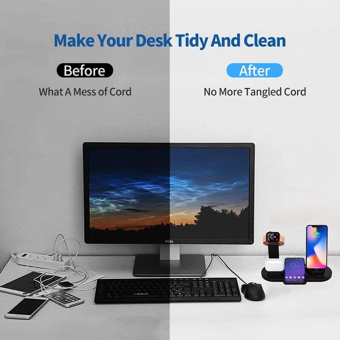 База для бездротової зарядки 6-в-1, 360° обертання, сумісна з Apple, Micro, Type-C, Qi, iWatch, AirPods, iPhone, Samsung Galaxy, чорний