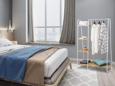 Coat rack, stable wardrobe, clothes rail with 5 shelves, 6 coat hooks, black metal coat rack, free-standing coat stand (white + oak, classic)