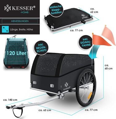 Причіп для велосипеда KESSER® вантажний, 120 літрів, чорний, з дахом та функцією складання