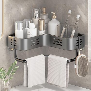 Поличка для душу без свердління, кутова, для ванної кімнати, органайзер, шафка для душу, тримач для шампуню, 2 гачки, темно-сірий