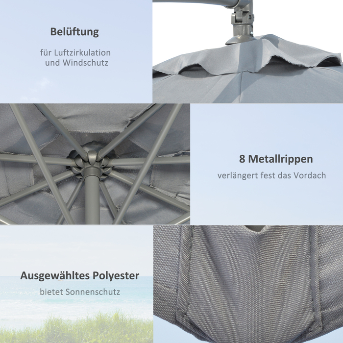 Outsunny Patio Umbrella Ø2.92 m with Hand Crank, Garden Umbrella including Weights & Canopy Cover, Steel Cross Base, Oxford Dark Grey