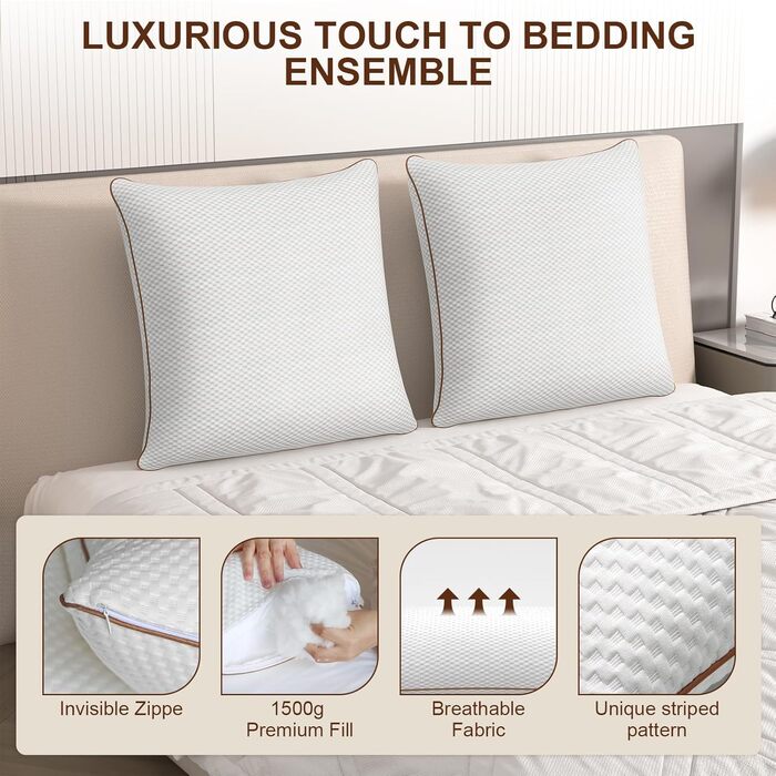 ALOTCHE Pillow 80 x 80 cm, Set of 2 Pillows with Zip, Microfibre Filling Pillow with Removable Bamboo Fibre Cover, Washable Soft Pillows for Bed, Sofa Cushion and Decorative Cushion for Couch or Bed