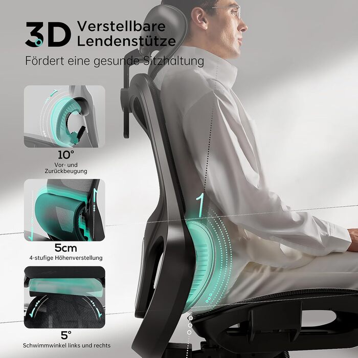 Hbada P2 Air Ergonomic Office Chair with 3D Lumbar Support, Adjustable Mesh Chair, 3D Armrests, Headrest & Comfortable Seat - Home Office Desk Chair, Black