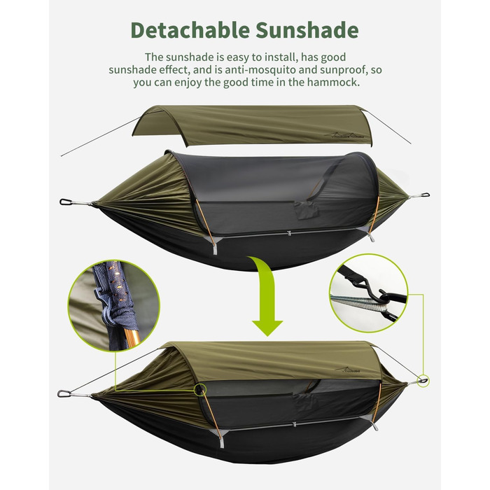 Гамак для кемпінгу 4-в-1 з москітною сіткою та знімним сонцезахистом, 290x140 см, армійний зелений
