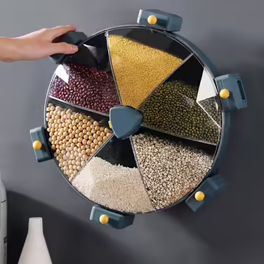 Rotating rice and grain dispenser, for kitchen, wall-mounted, for dry food, storage container for beans, white color, practical food dispenser.