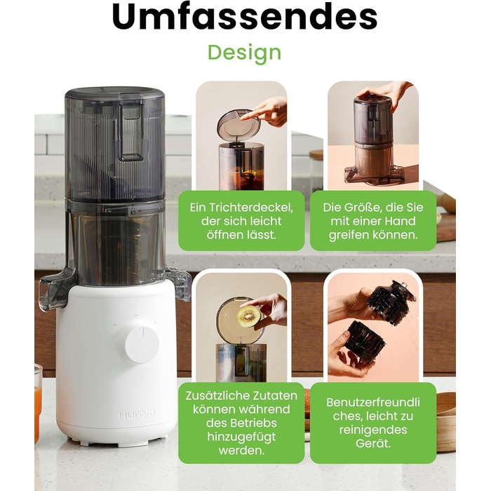 Hurom Slow Juicer | Vegetable and Fruit Juicer | H310 | Easy to Clean & Quiet Motor Electric Juicer with Mesh Filter | 150 Watts | BPA Free | Slim Design | 220ml, White