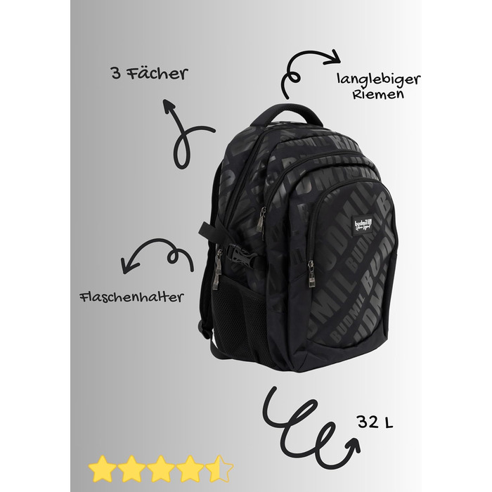 Ергономний шкільний рюкзак Budmil для хлопчиків та дівчаток, 32L, для підлітків та дітей від 5 класу, водонепроникний, з 3 відділеннями та вентильованою спинкою (Edwin Black)