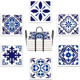 Coasters for drinks, 6 pieces, yellow lemon, fruit, blue ceramic tiles, pattern, absorbent, square, ceramic stone mat, with cork bottom and metal holder, housewarming gift, (Blue Ceramic)