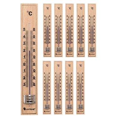 Lantelme 10-Piece Analog Room Thermometer Wood – Classic Thermometer for Indoor and Outdoor Use, Ideal as Kitchen, Bathroom, and Garden Thermometer, Eco-Friendly and Battery-Free