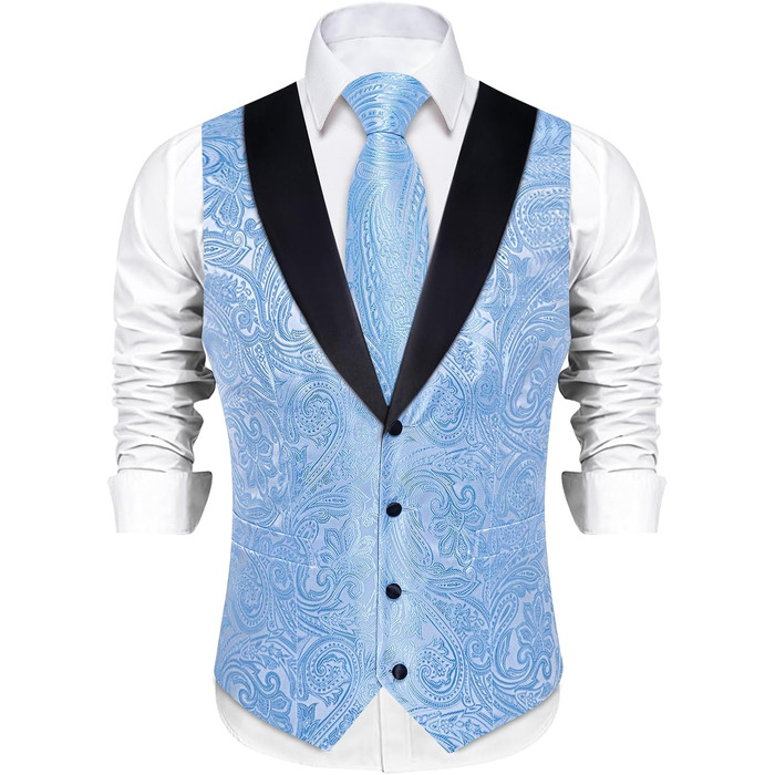 Костюм чоловічий DiBanGu 7-частинний: жакардовий піджак, жилет, краватка, кравецький комірець, сорочка, штани. Ідеально для весілля, свят, офіційних заходів. Кольори: золото та чорний (XXL, небесно-блакитний)