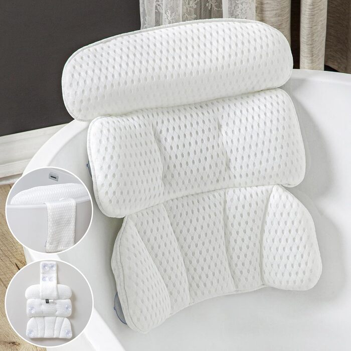 CZL Bathtub Pillow - Neck Pillow for Bathtub with 8 Suction Cups - 3-Piece Neck Pillow - Bathtub Accessories - Bath Pillow - Bathtub Cushion - Bathtub Pillow for Bathtub - White