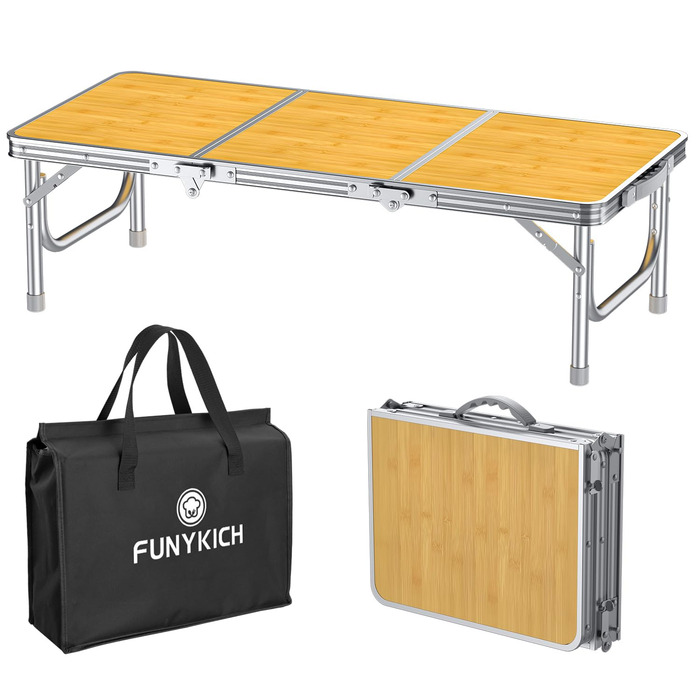 Складний кемпінговий стіл FUNYKICH 87x40x26 см, жовтий - алюмінієвий, MDF стільниця, з сумкою для перенесення