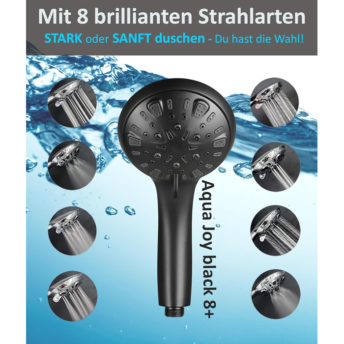 BLUMBACH® Water-Saving Shower Head - High-Pressure Aqua Joy Shower Head - 8 Spray Patterns, Pressure-Boosting Shower Head, Shower Head, Water-Saving Shower Head, High Water Pressure Strong Jet (8L/Min. 8 Spray Patterns / Water-Saving Shower Head Black)