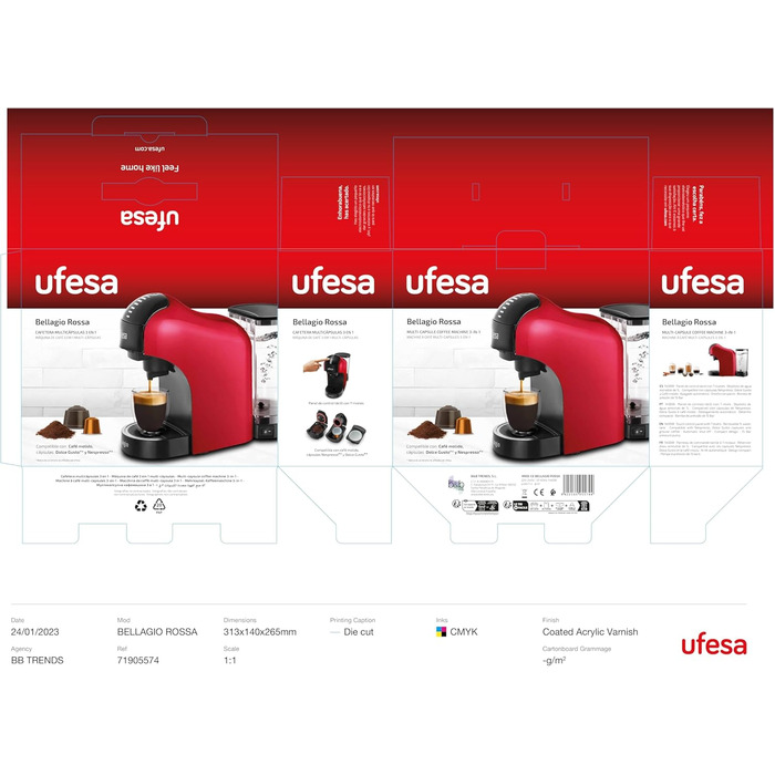Ufesa Bellagio 3-in-1 Multi-Capsule Coffee Machine for Nespresso Original Capsule, Dolce Gusto, or Ground Coffee, Digital Touch Panel with 7 Levels, 1 L Water Tank, 1400 W, 15 Bar Pressure, Compact (1400 W | RED)