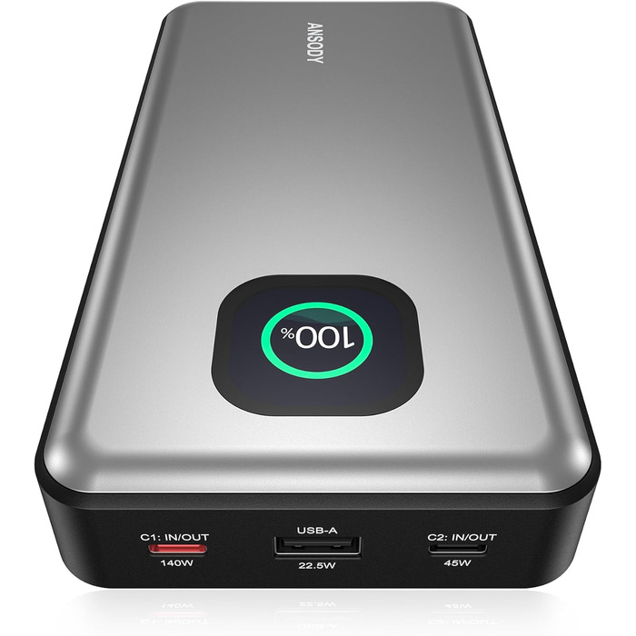 Powerbank 140W, 25000mAh з цифровим дисплеєм, PD3.1 для ноутбуків, MacBook, iPad, iPhone, Switch, Steam Deck (Срібний)