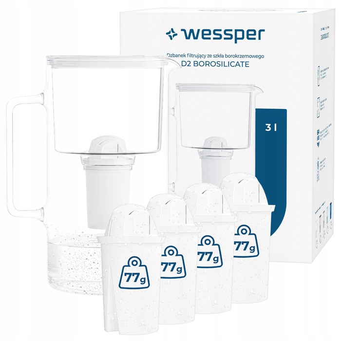 Скляний фільтр-глечик Wessper D2 з боросилікатного скла, 3 л, білий + 5 фільтрів