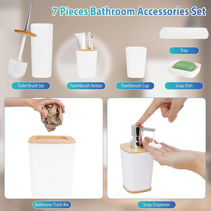 Набір аксесуарів для ванної кімнати з бамбука, 7 предметів: сміттєвий бак, дозатор мила, стакан для ополіскування, мильниця, тримач для зубних щіток, тримач для унітазу, піднос для косметики