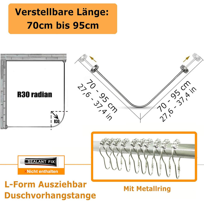 Штанга для душу U-подібної форми uyoyous, 85-120 см, не потребує свердління, з нержавіючої сталі 304, для ванної кімнати/душу