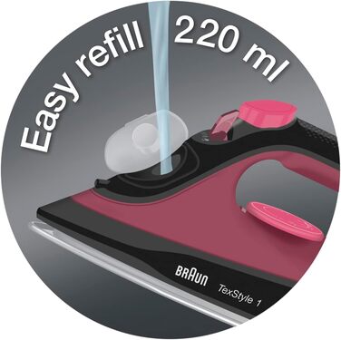 Праска з парою Braun TexStyle 1 SI1019RD - 1.900 Вт, 120 г/хв, для використання з водою з-під крана, антипригарна підошва, швидкий нагрів (35 сек.)