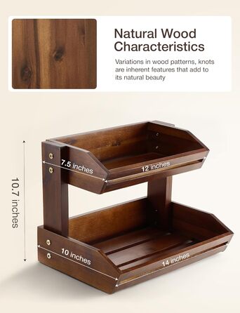 Двоярусна фруктова корзина HOLANA з дерева горіха для кухонного столу - органайзер для фруктів, овочів та закусок