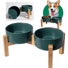 Набір мисок для собак, підняті - миски для корму та води для собак, кераміка, антиковзний стійкий, 2 шт., 850 мл, зелений