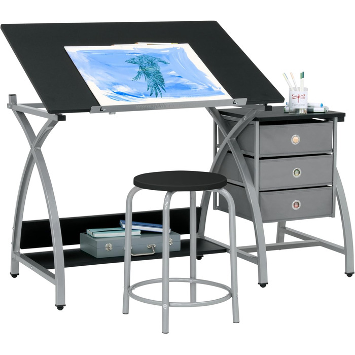 SD Studio Designs Comet Center Plus Craft Table & Stool Set with Storage - Adjustable Top - Silver/Black