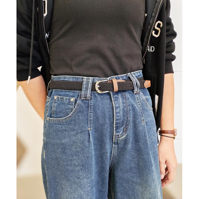 Еластичний жіночий/дівчачий ремінь 2.5 см, плетений, для джинсів та суконь, 2 шт. (Чорний/Сірий) M/91/96 см