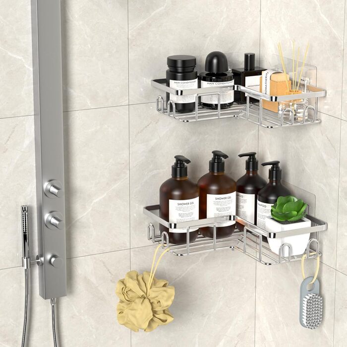 Набір кутових поличок для душу без свердління, водонепроникні, з нержавіючої сталі (3 шт. чорний, 2 шт. срібний)