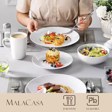 MALACASA, Amelia Series, Porcelain Dinnerware Set for 6 People, 18-Piece Porcelain Tableware Set, White Premium Combination Service, Dinnerware Set consisting of 6 Dinner Plates, 6 Dessert Plates, 6 Soup Plates