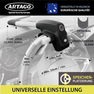 ARTAGO 870 Блокіратор керма 2-в-1 з сигналізацією 120дБ і LED, протиугінний замок для авто, на кермову спицю, преміум якість