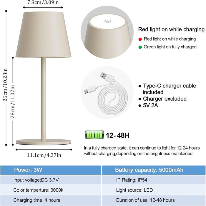 Світлодіодний акумуляторний настільний світильник 26 см, 5000mAh, IP54, 2 шт. (Бежевий) - кемпінговий, для ресторану, спальні, бару
