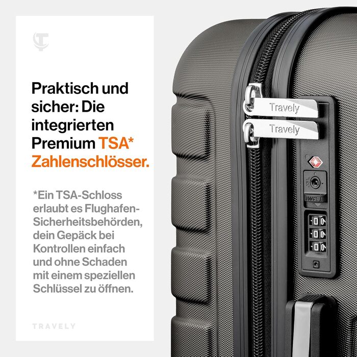Набір валіз Travely з полікарбонату: 77см, 67см, ручна поклажа, TSA-замок, колір - місячний сірий
