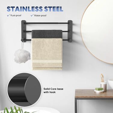 Тримач для рушників Lannvan без свердління, висувний 37-70см, нержавіюча сталь, для ванної кімнати/кухні, 2 способи встановлення, чорний