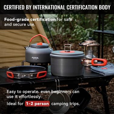 Набір кухонного посуду Alocs для кемпінгу: каструлі, сковорідки та чайник. Легкий набір для кемпінгу, пікніків та подорожей. У комплекті сітчаста сумка.