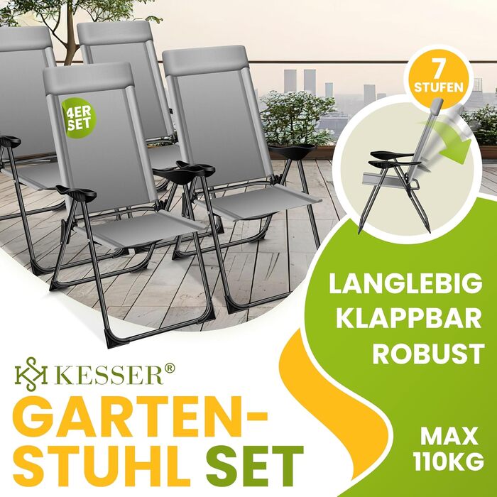 Крісла садові розкладні KESSER® 2 шт. з високою спинкою, алюміній, 7 положень, з підлокітниками, дихаючі, для балкона, саду, кемпінгу, тераси