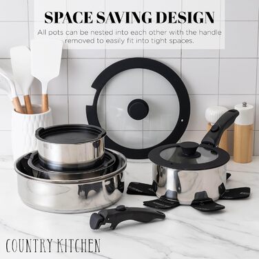 Набір посуду Country Kitchen 16 предметів з керамічним антипригарним покриттям, дерев'яні ручки, для дому та кемпінгу, придатний для духовки - кремовий