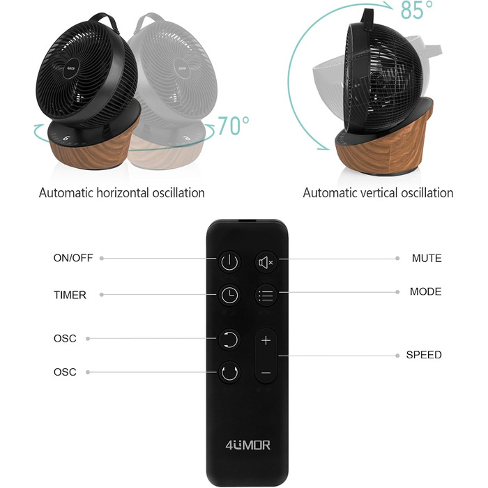 Вентилятор 4UMOR Turbo: тихий, 21W, 12 швидкостей, 3D циркуляція повітря, таймер 8H, для спальні/офісу, 30 м²