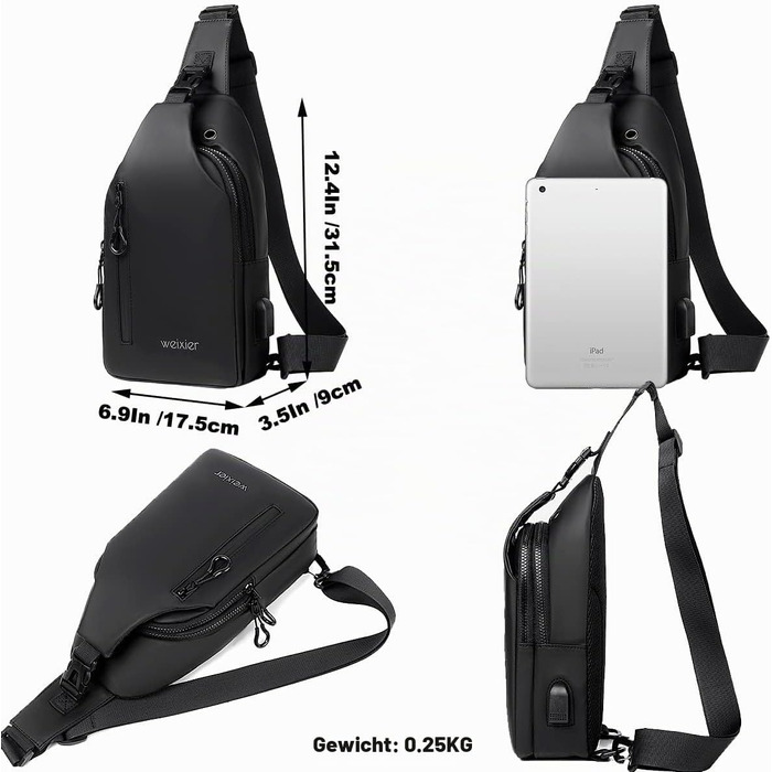 Чоловіча сумка-слінг через плече Crossbody: водонепроникна нагрудна сумка для прогулянок, їзди на велосипеді та роботи (Чорна)