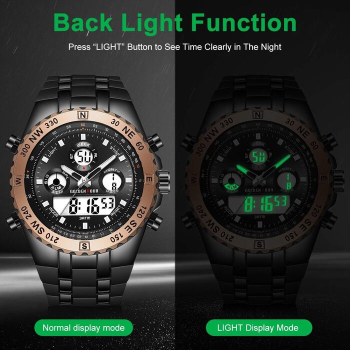Чоловічий військовий годинник: цифрові та аналогові функції, водонепроникність, дата, будильник, світіння, секундомір. Великий годинник для чоловіків (Rose Gold B)