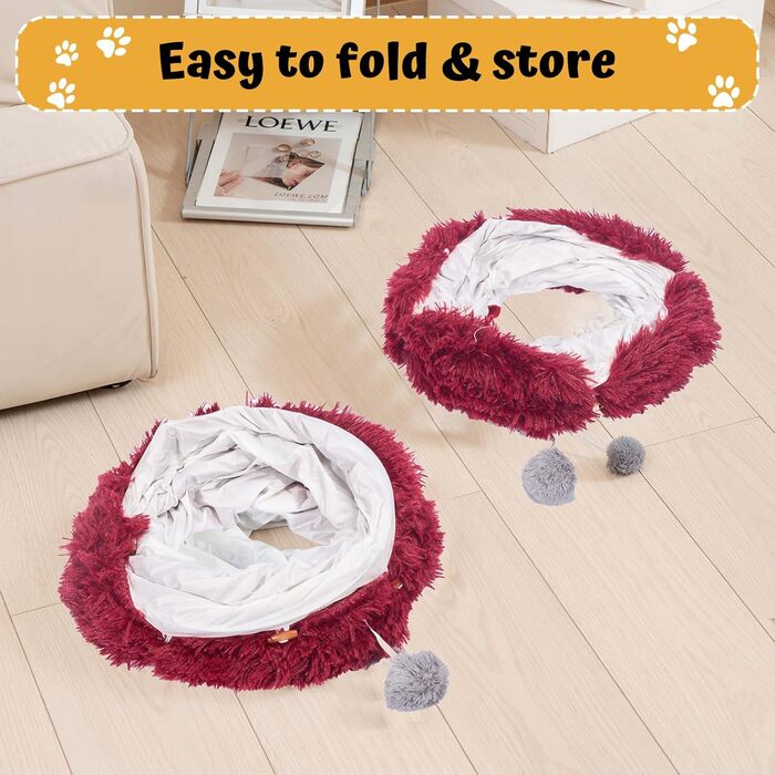 Cat Tunnel with Central Cushion, Soft Cat Toy Round Multi-Function Cat Bed - (Red)