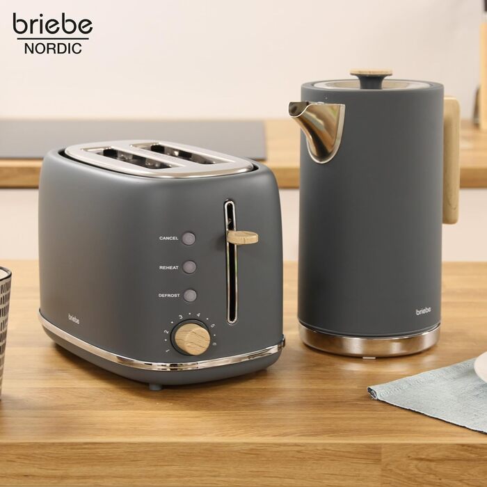 Тостер Briebe Nordic Set з водоваркою 1.7л, 2 відділення, 6 режимів підсмажування, сірий, BPA-free