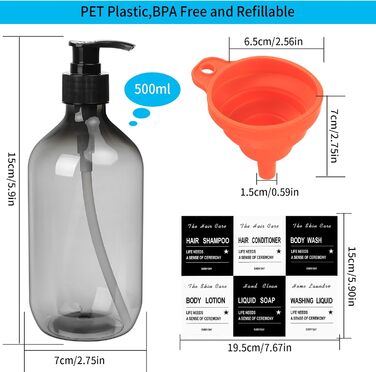 4 шт. Наповнювані порожні флакони для шампуню, 500 мл дозатори для мила, флакони з помпою з пластику, дозатори для лосьону, рідкого мила, шампуню, кондиціонера, гелю для душу, наклейки (прозорий чорний)