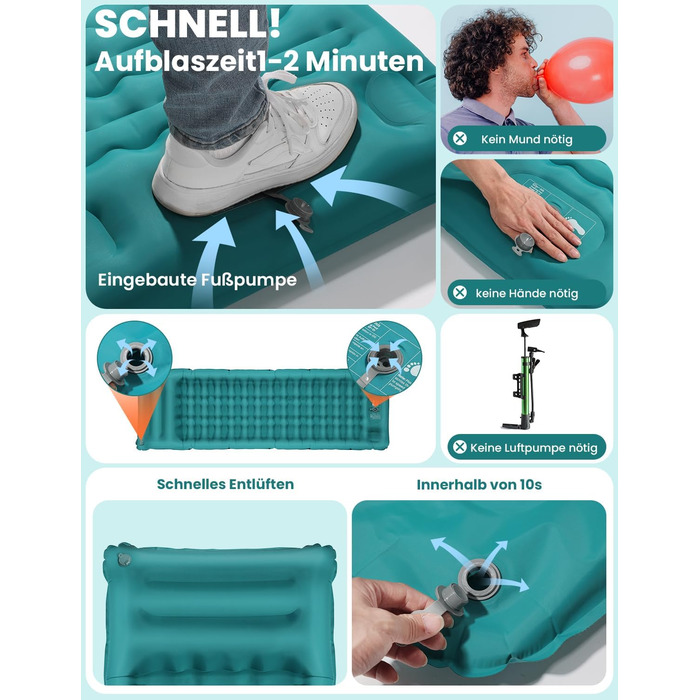 Glymnis Isomatte Camping Air Mattress - 9cm Thick, with Foot Pump & Pillow - Ultralight Outdoor Sleeping Pad for Camping, Hiking, Travel - Army Green/Turquoise