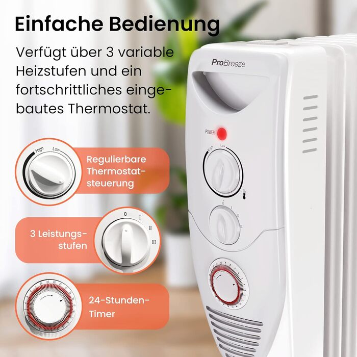 Електричний масляний радіатор Pro Breeze 2500W з термостатом та таймером - білий