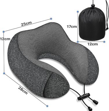 Подушка для шиї у літак - подушка для подорожей 100% Memory Foam - портативна подушка для літака - з 3D-маскою для сну та берушами - ідеальна для літака, авто, дому, офісу, подушка для сну (Сіра)