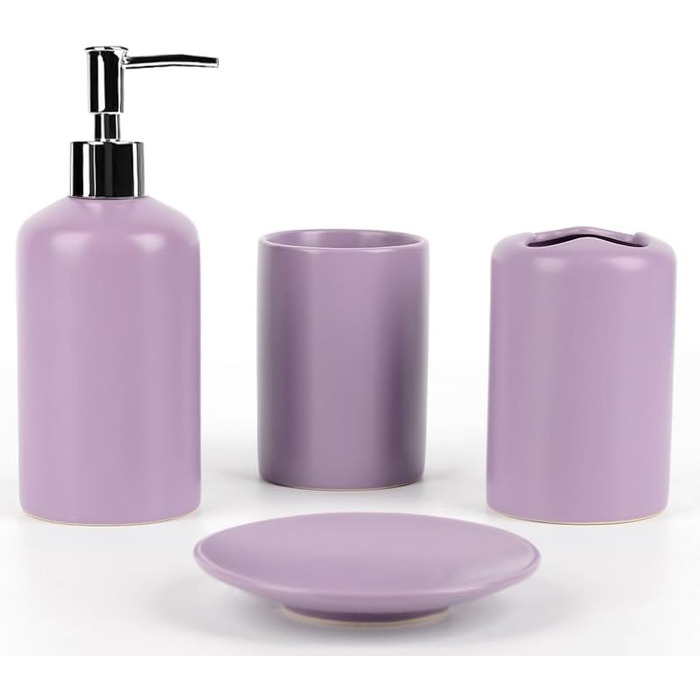WPM 4-Piece Ceramic Bathroom Accessories Set – Purple – Our complete bathroom decor set includes a designer soap dispenser or lotion dispenser, toothbrush holder, cup, and soap dish.