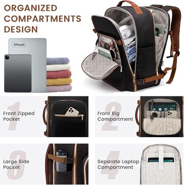 Рюкзак LOVEVOOK для ручної поклажі в літак, 40L, великий, для жінок, валіза-рюкзак, водонепроникний, для ноутбука 17 дюймів, для подорожей, бізнесу, відпочинку, хайкінгу, вихідних (L, чорний+коричневий)