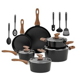 Набір кухонного посуду Kitchen Academy з антипригарним гранітним покриттям, 15 предметів: каструлі, сковороди з кришками, для індукційних плит, чорний колір