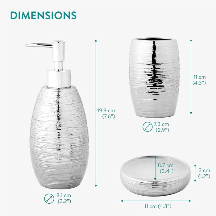 Набір для ванної кімнати Navaris Premium - Сріблястий, з дозатором мила, мильницею та стаканчиком для зубної щітки