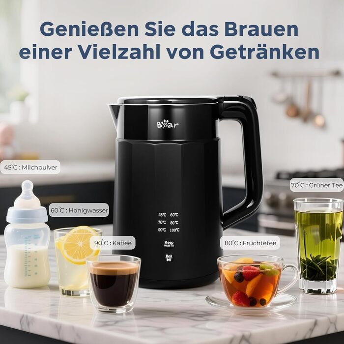 Електричний чайник Bear 1.7L з регулюванням температури, нержавіюча сталь, захист від сухого кип'яття, BPA Free